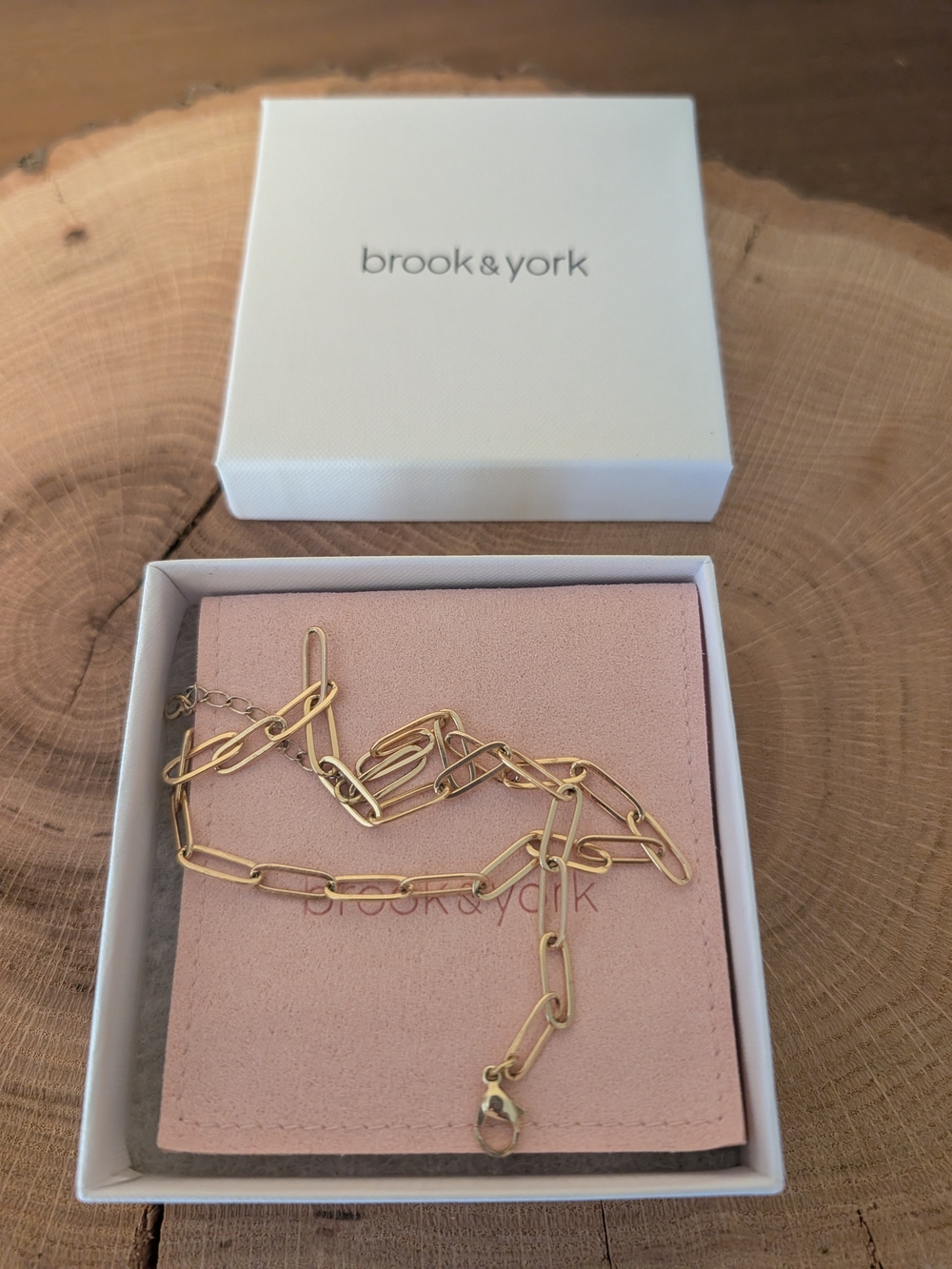 Brook & York Gold Paperclip Chain Necklace Adjustable 12-16 Inches